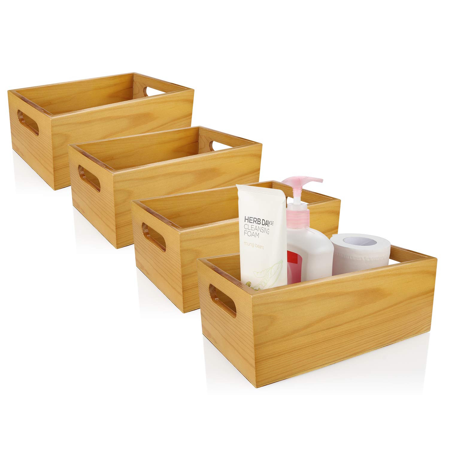 Premium Pine Wood Organizer Set - 4 Pack 6x10 Inch Wooden Storage Boxes with Handles for Bathroom, Kitchen, Office & Home Organization - Perfect for Storing Toiletries, Spices, Makeup & Small Essentials