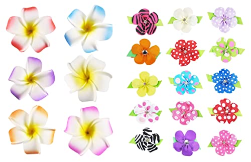 15-Pack Grosgrain Ribbon Petal Hair Clips & 6-Pack Hawaiian Flower Hair Clips Set - Perfect for Girls' Hair Accessories, Party Favors, Bridal Shower Gifts, and DIY Crafts