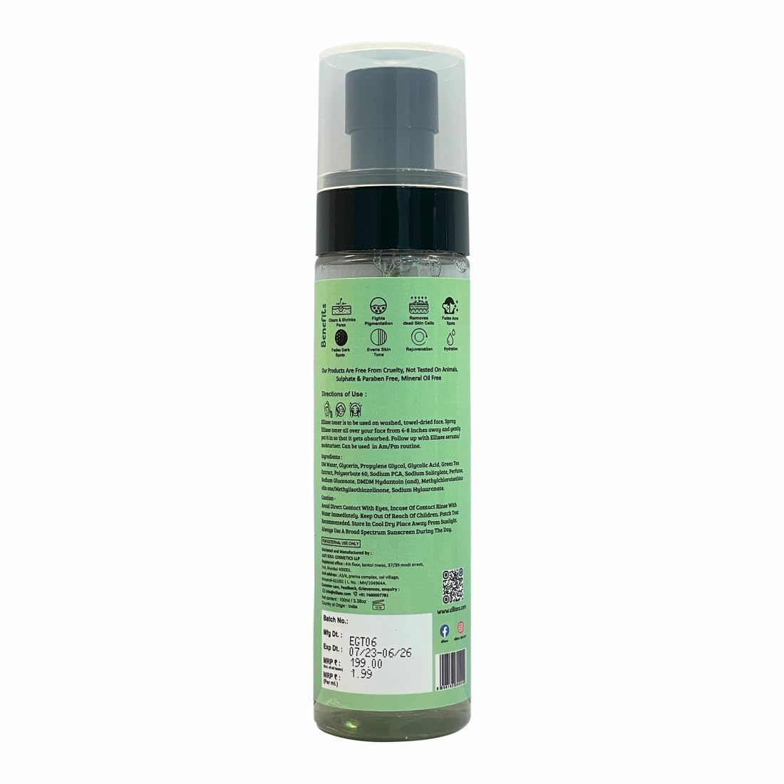 Ellixee Green Tea Anti Acne Face Toner for Oily & Acne-Prone Skin - Hydrating, Soothing & Pore Minimizing - 150ml (Pack of 1) | Perfect for Daily Skincare Routine & Post-Workout Refresh