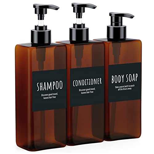 16.9oz (500ml) Empty Refillable Shampoo Bottles with Pump Dispenser - 3 Pack Amber Plastic Containers for Shampoo, Conditioner, Body Wash & Lotion - Perfect for Bathroom, Shower & Travel Organization