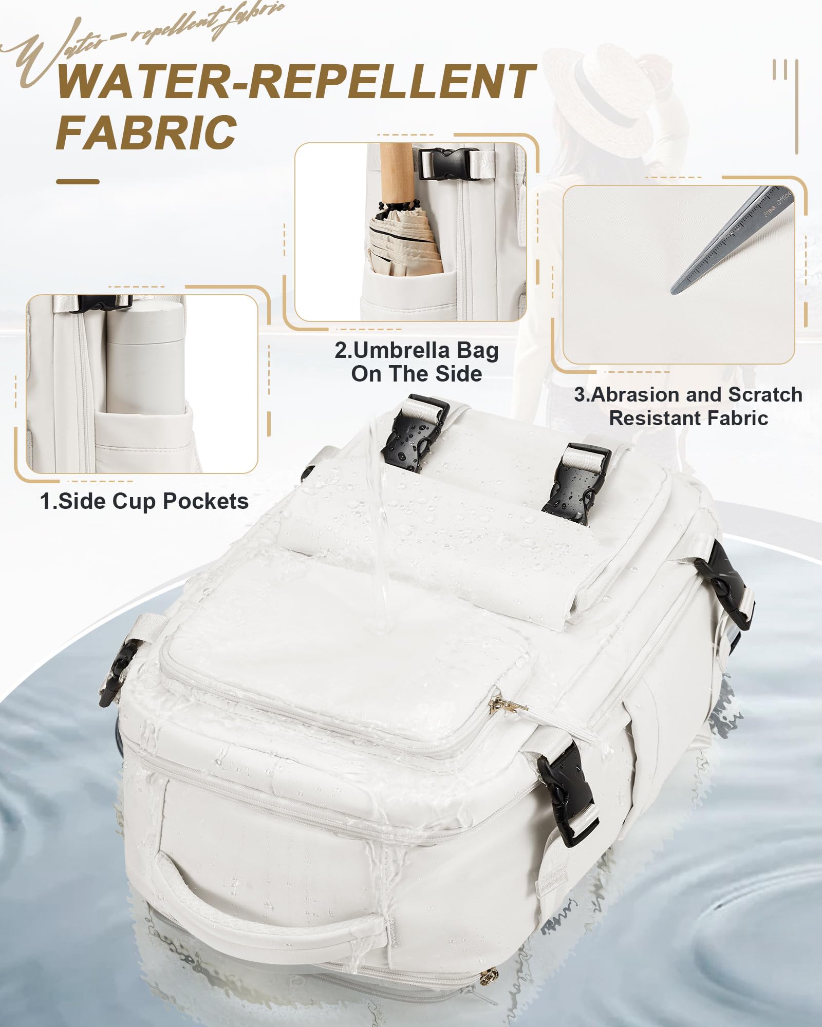 Expandable Flight Approved Travel Laptop Backpack for Women & Men - Waterproof Carry On Backpack for College, Business, Hiking & Weekender Trips (Beige) | Perfect for Air Travel, Commuting & Outdoor Adventures