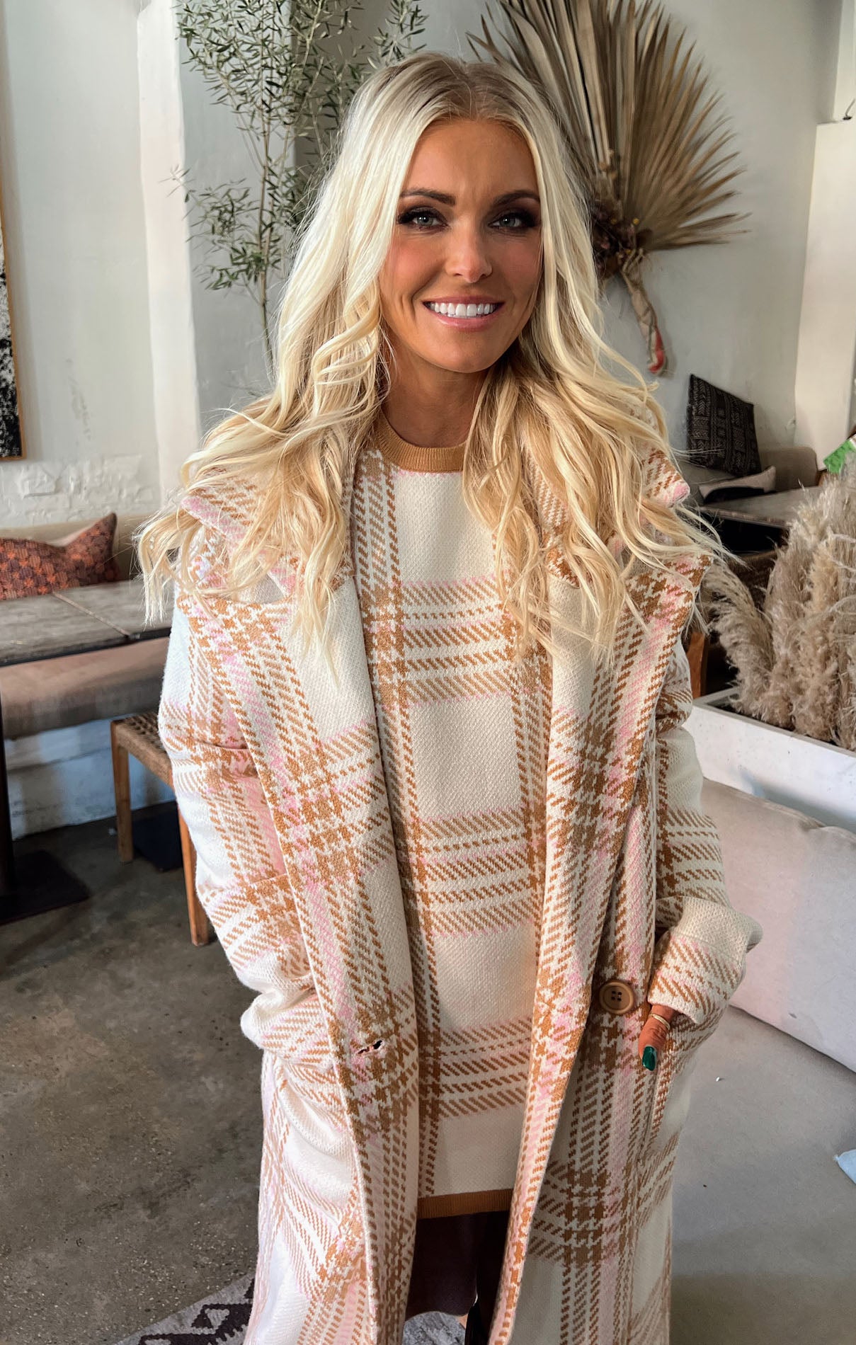 Melrose Sweater Jacket - Women's Neutral Plaid Knit Cardigan for Fall & Winter | Cozy Oversized Open Front Wrap for Casual Outfits & Layering
