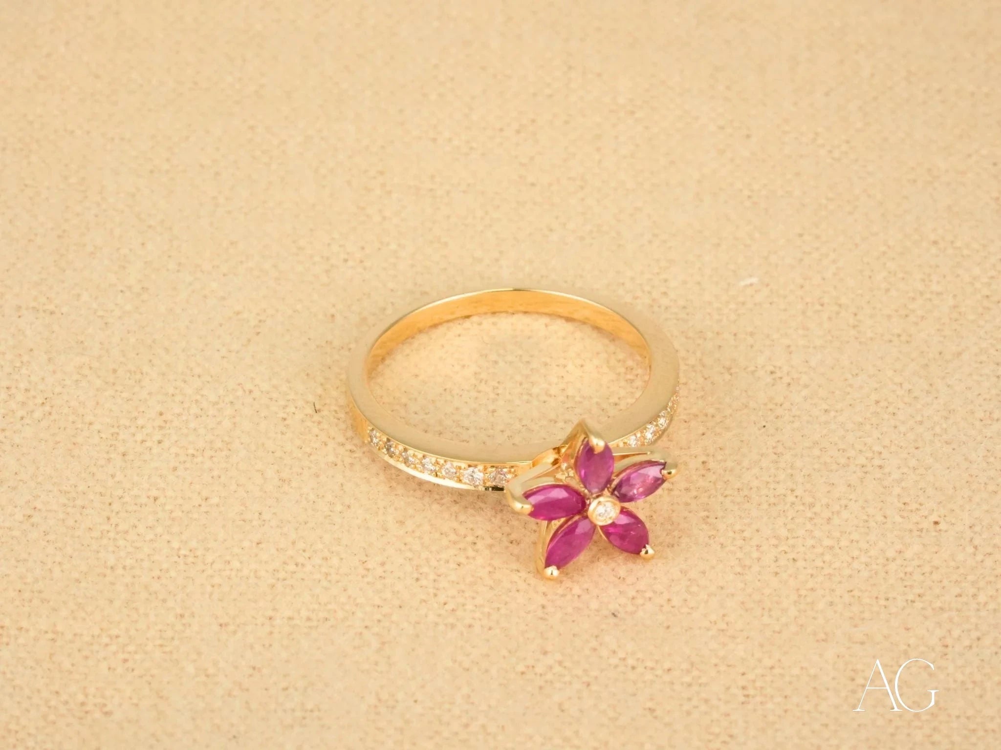 18k Gold Ruby Flower & Diamond Ring for Women - Elegant Floral Jewelry Gift for Anniversary, Engagement, Wedding & Special Occasions