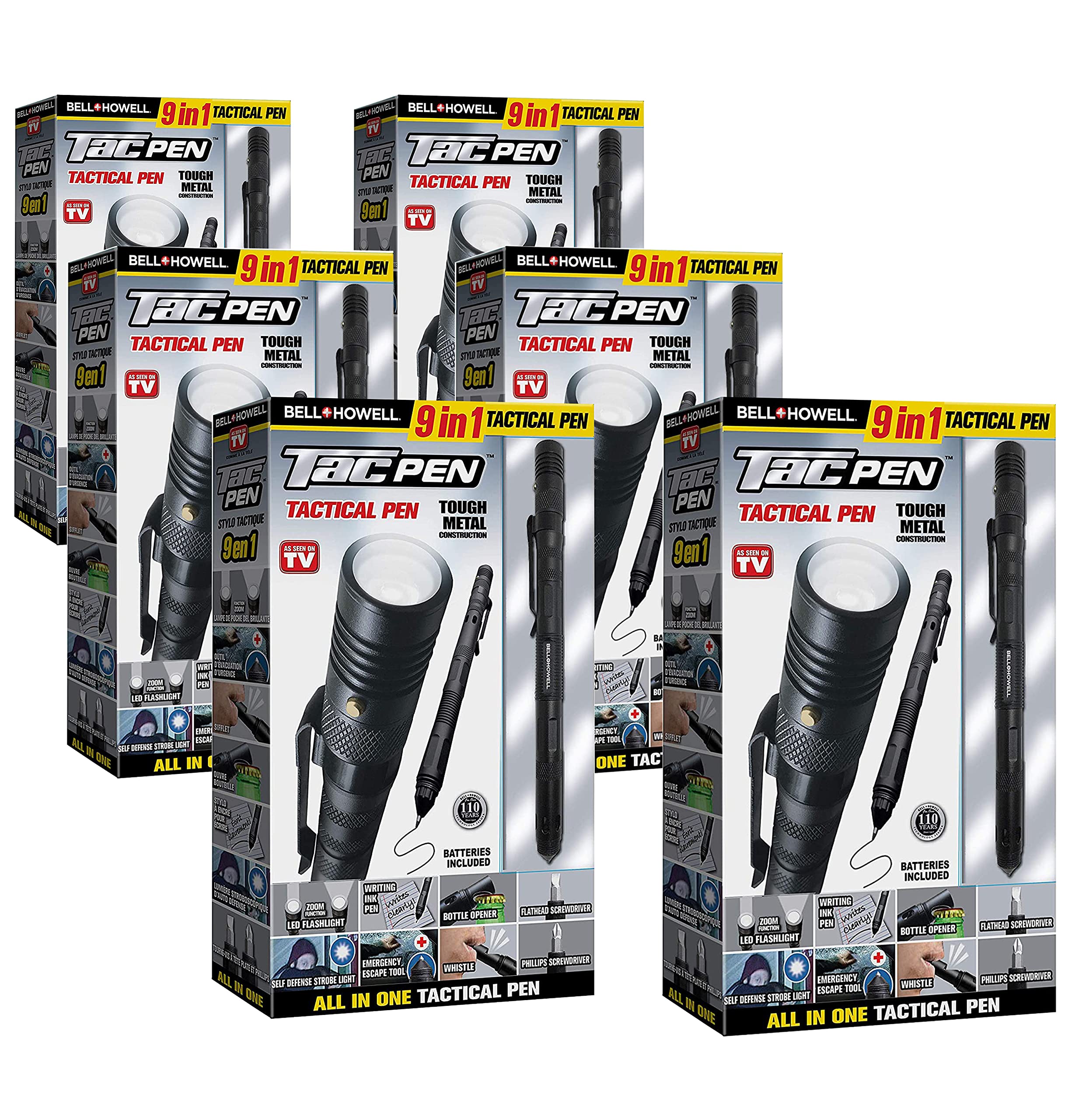 Bell+Howell Tactical Pen Multitool - 6-Pack Aluminum Survival Gear with Glass Breaker, LED Flashlight, Screwdriver & Bottle Opener - Perfect for EDC, Outdoor Adventures, Emergency Preparedness & Everyday Use