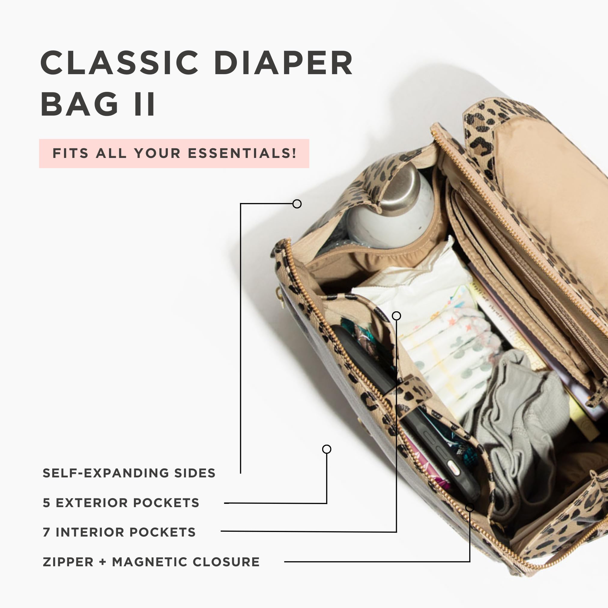 Freshly Picked Classic II Diaper Bag Backpack - Wipeable Vegan Leather Baby Bag with Changing Pad, Convertible Diaper Backpack (Leopard V2) | Perfect for Travel, Daycare & On-the-Go Parents