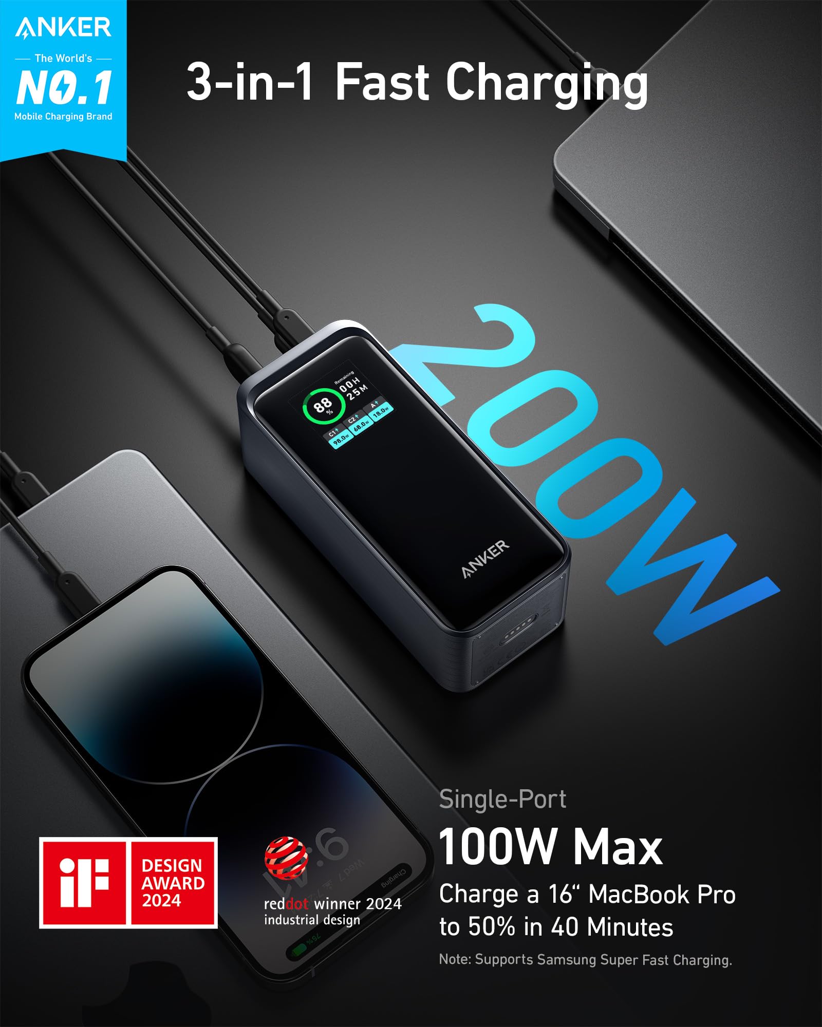 Anker Prime 20,000mAh 200W Power Bank with Smart Digital Display - Dual USB-C & USB-A Portable Charger for iPhone 15/14/13, Samsung Galaxy, MacBook, Dell Laptops - Perfect for Travel, Camping & Emergency Power Backup