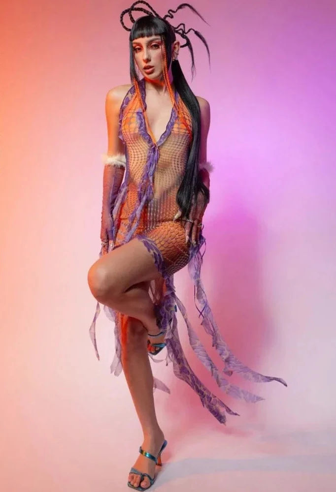 3D Print Asymmetrical Fringed Dress for Women - Sexy Summer Deep V Backless Short Dress - Rave Outfit & Party Wear - Perfect for Music Festivals, Beach Vacations and Nightclubs