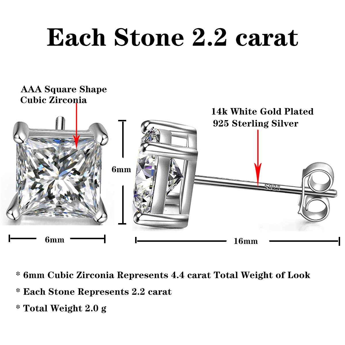 18K Gold Plated 925 Sterling Silver Square Stud Earrings with 4 Prong Cubic Zirconia - Hypoallergenic Jewelry for Women, Men & Girls - Perfect for Everyday Wear, Parties & Gifts