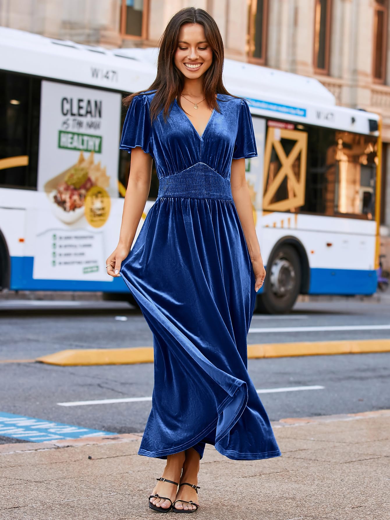 Simplee Women's Short Sleeve Velvet Maxi Dress - V Neck Empire Waist Formal Gown for Wedding Guest, Evening Party & Special Occasions