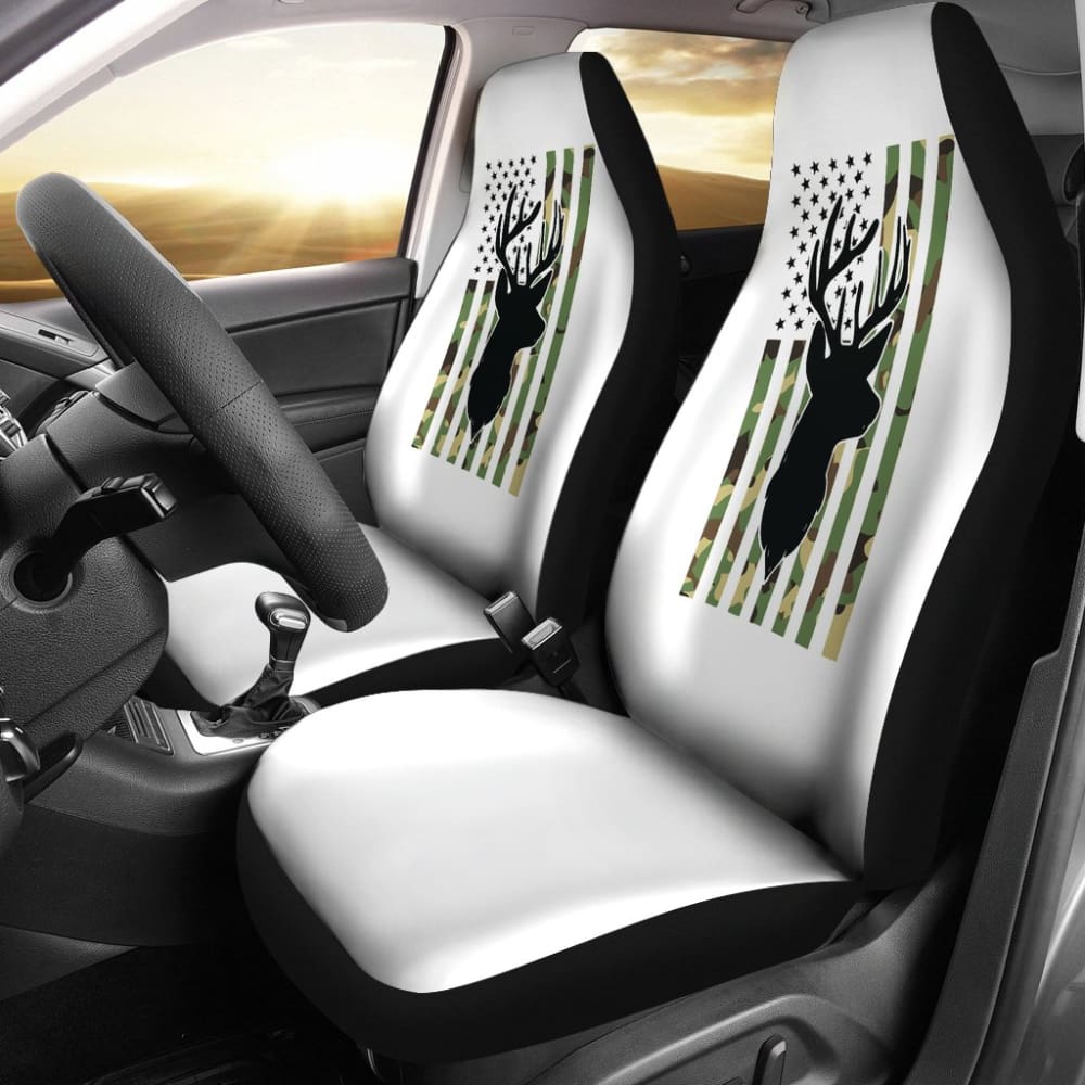 Premium Green Camo American Flag Deer Hunting Car Seat Covers - Durable & Waterproof - Perfect for Trucks, SUVs & Off-Road Adventures (Model 211803)
