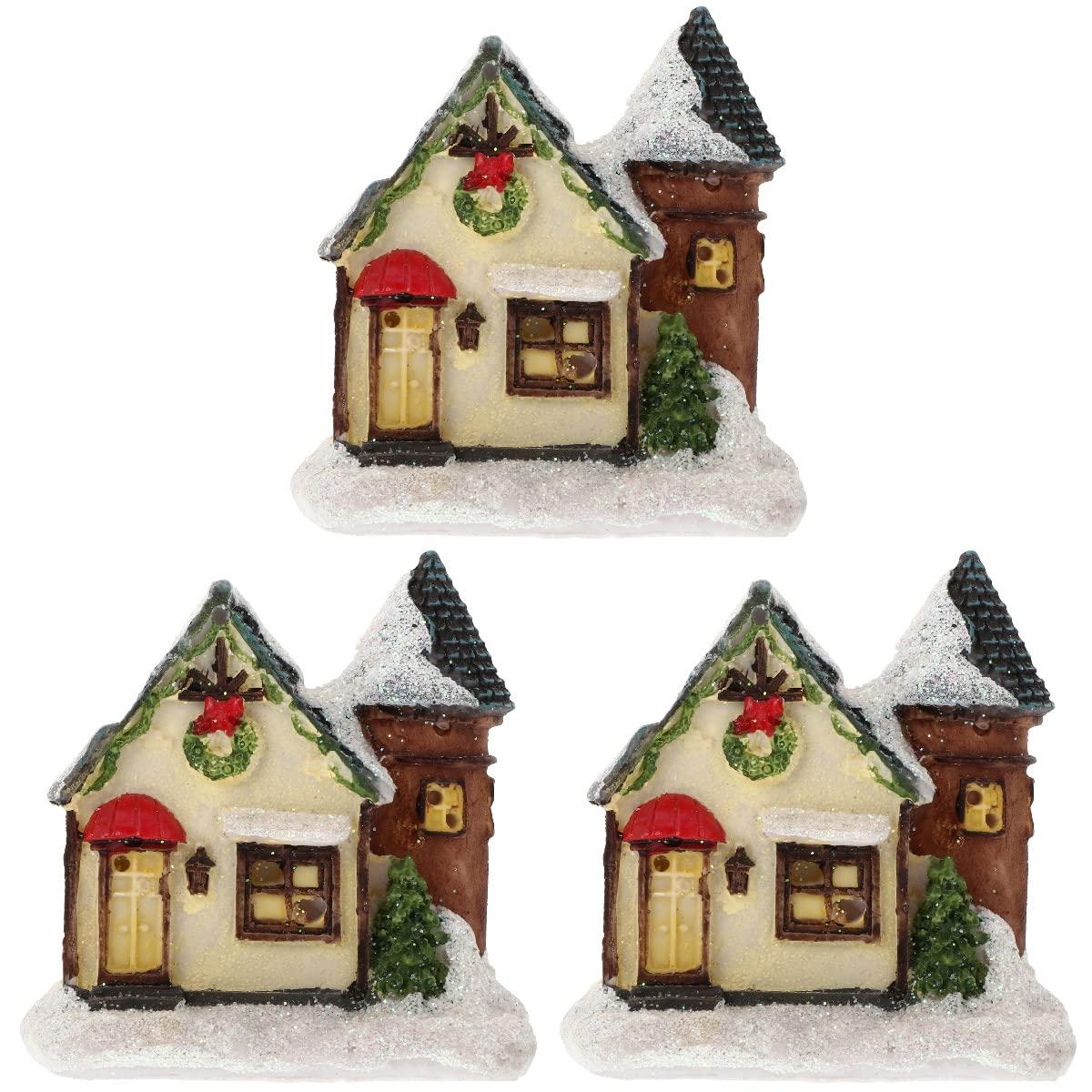 3-Piece Christmas Resin House Decor Set - Luminous Miniature Holiday Village for Home, Tabletop, and Christmas Tree Decoration