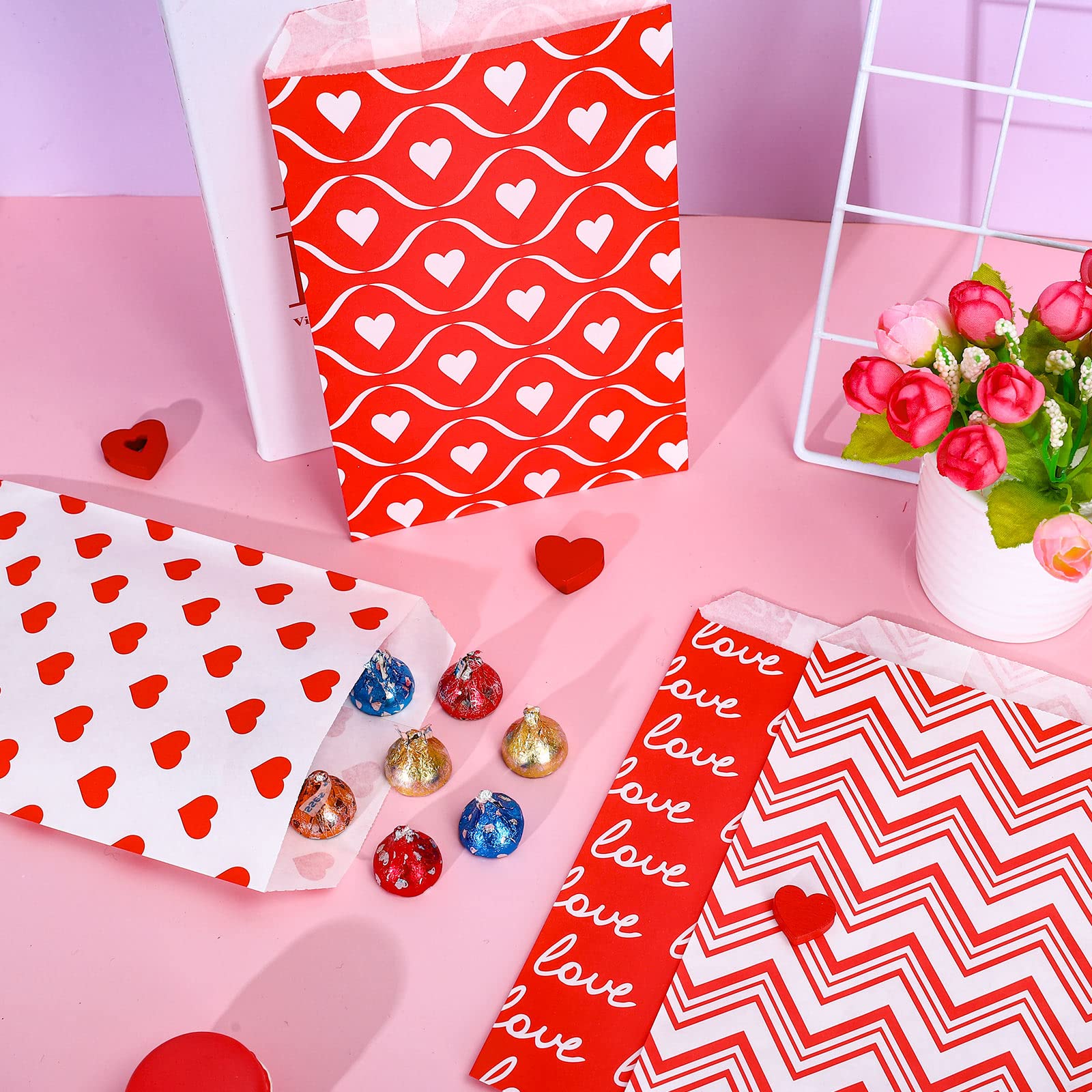 AnyDesign 120 Pack Valentine's Day Treat Bags - Red & White Heart Stripe Printed Paper Gift Bags for Candy, Cookies, Party Favors | Perfect for Weddings, Mother's Day, Holiday Buffets & Classroom Celebrations