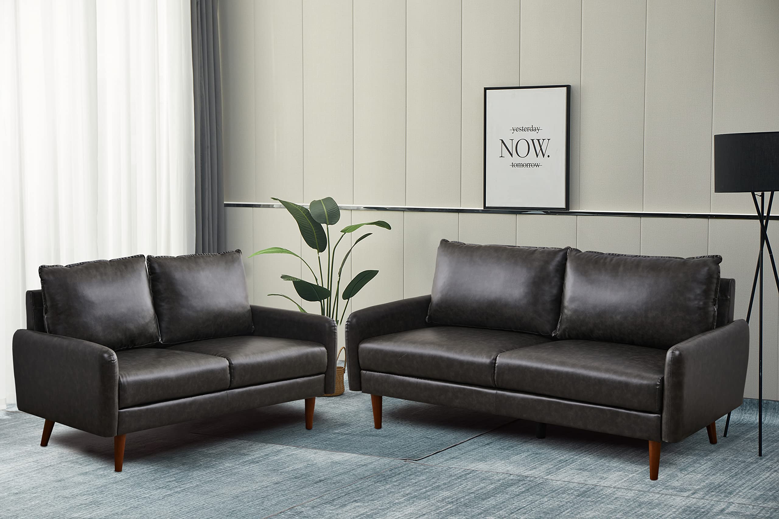 Modern Leather Loveseat Sofa with Wooden Legs - Dark Grey Comfortable Couch for Living Room, Office & Small Spaces - Perfect for Apartments, Reading Nooks & Cozy Home Decor