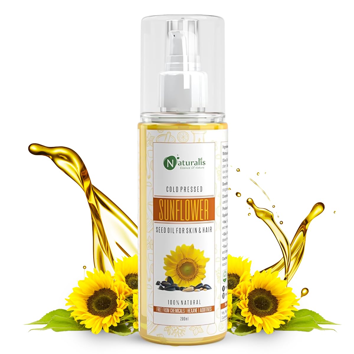Naturalis Essence of Nature Cold Pressed Sunflower Carrier Oil - 100% Pure for Skin, Hair & Lips Care - 200ml - Perfect for Massage, DIY Beauty & Aromatherapy