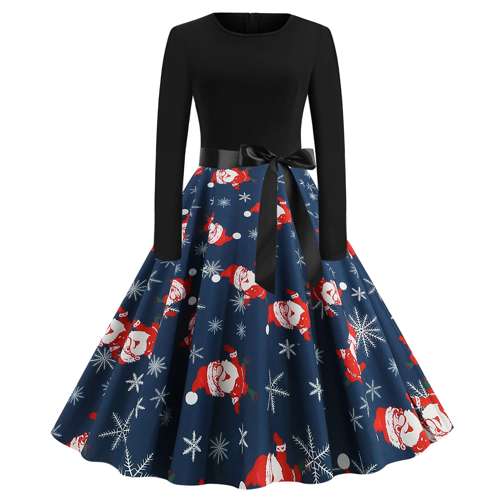 Vintage 1950s Women's Long Sleeve Christmas Printed Round Neck Casual Summer Dress - Perfect for Holiday Parties, Retro Themed Events & Everyday Wear