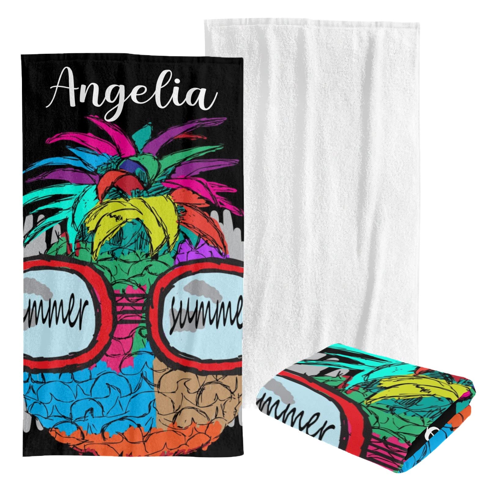 Custom Personalized Beach Towel - Soft Bath Towel & Swim Blanket for Kids, Men, Women | Colorful Hipster Pineapple Design | Perfect for Pool, Beach Vacation & Summer Outings
