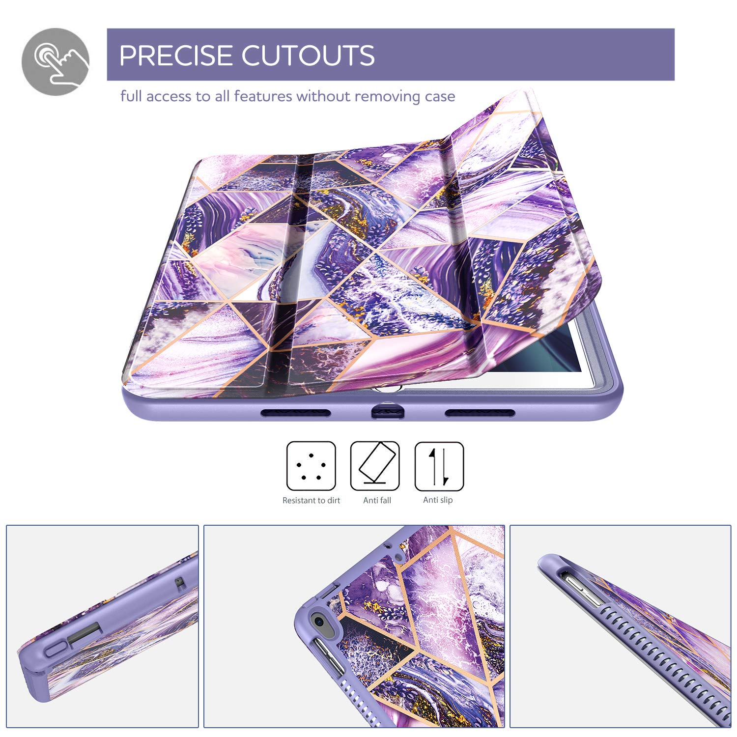 SURITCH iPad Air 3 (2019) & iPad Pro 10.5 (2017) Protective Case with Built-in Screen Protector, Pencil Holder & Auto Wake/Sleep - Purple Marble Design | Perfect for Work, School & Travel