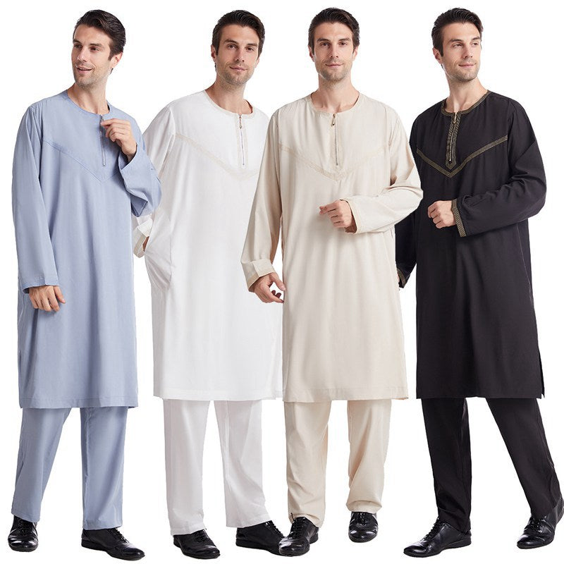 Premium Embroidered Arab Thobe Set for Men - Traditional Middle Eastern Suit with Pants - Perfect for Eid, Weddings & Formal Occasions
