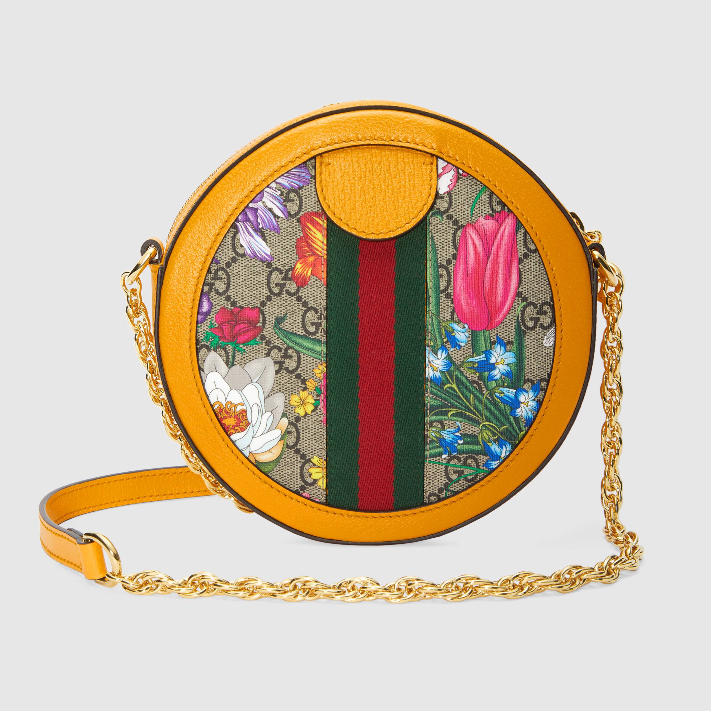 Gucci Ophidia GG Flora Mini Round Shoulder Bag in Yellow | Luxury Crossbody Purse for Women | Perfect for Date Night, Shopping & Travel