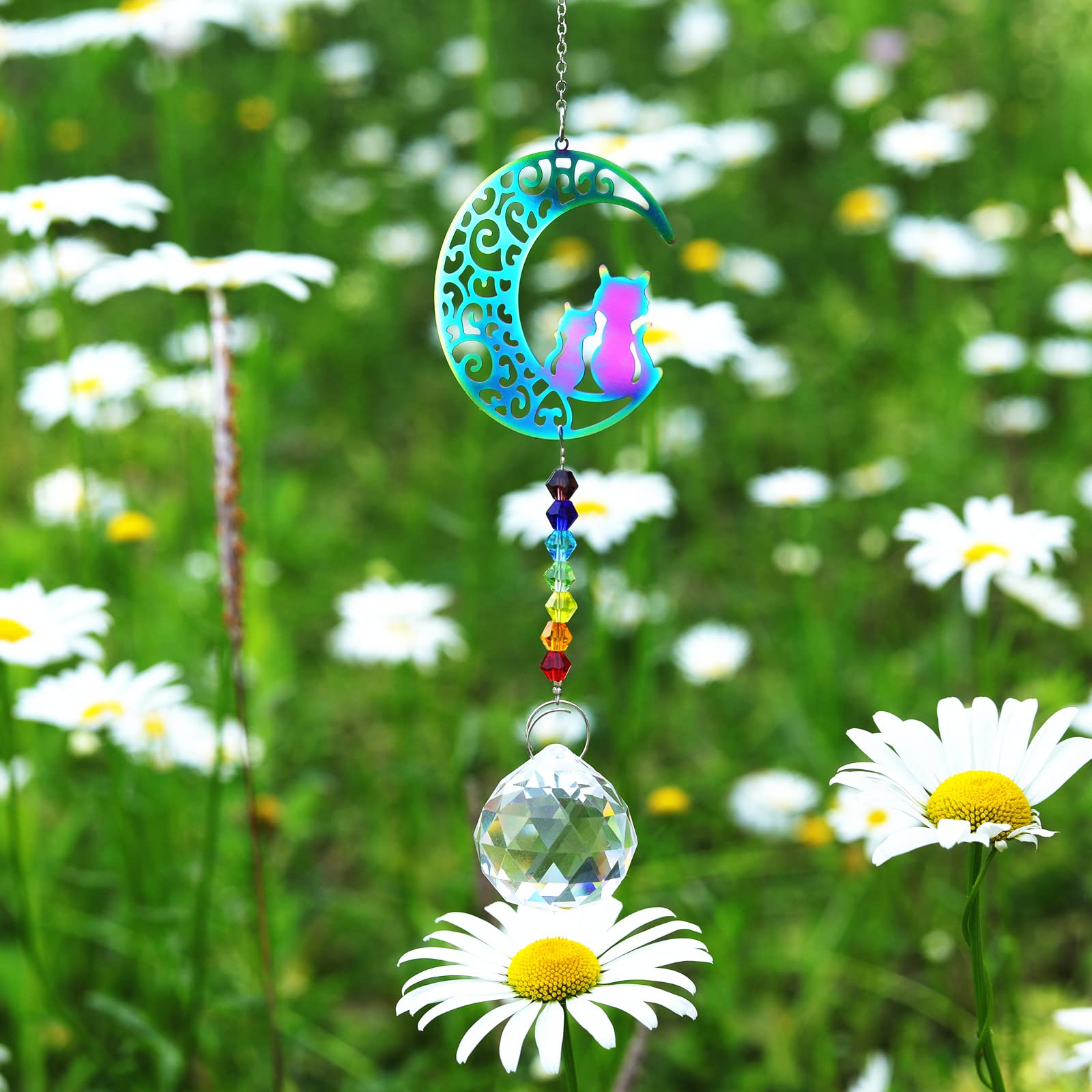 Chakra Beads Moon Cat Crystal Ball Prism Pendant - Rainbow Maker Hanging Suncatcher Ornament for Home Decor & Protection | Perfect for Windows, Meditation Spaces & Spiritual Healing