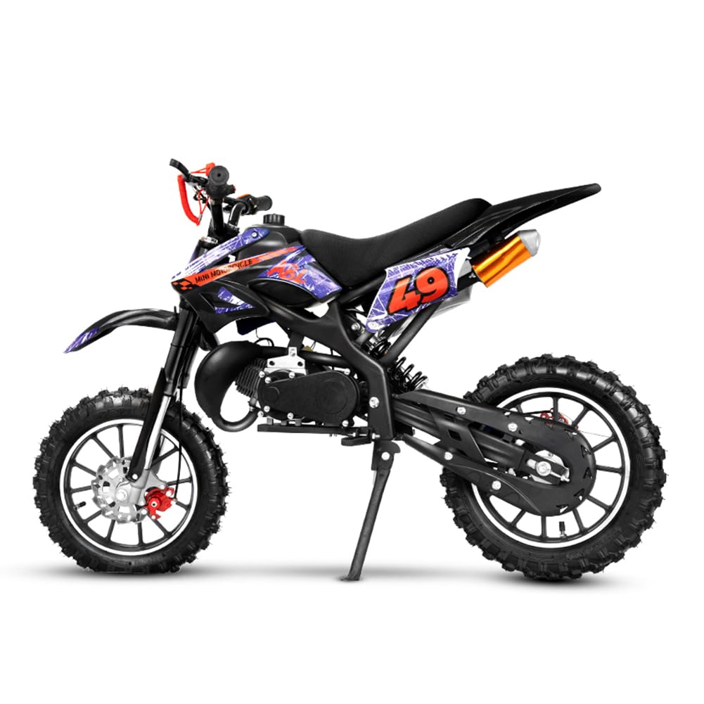 49CC Kids Dirt Bike - 2-Stroke Gas Powered Mini Bike for Off-Road & Trail Riding - Front & Rear Disc Brakes, Speeds Up to 40MPH, 220LBS Weight Capacity (Black) - Perfect for Backyard Adventures, Off-Road Trails & Youth Motocross Training