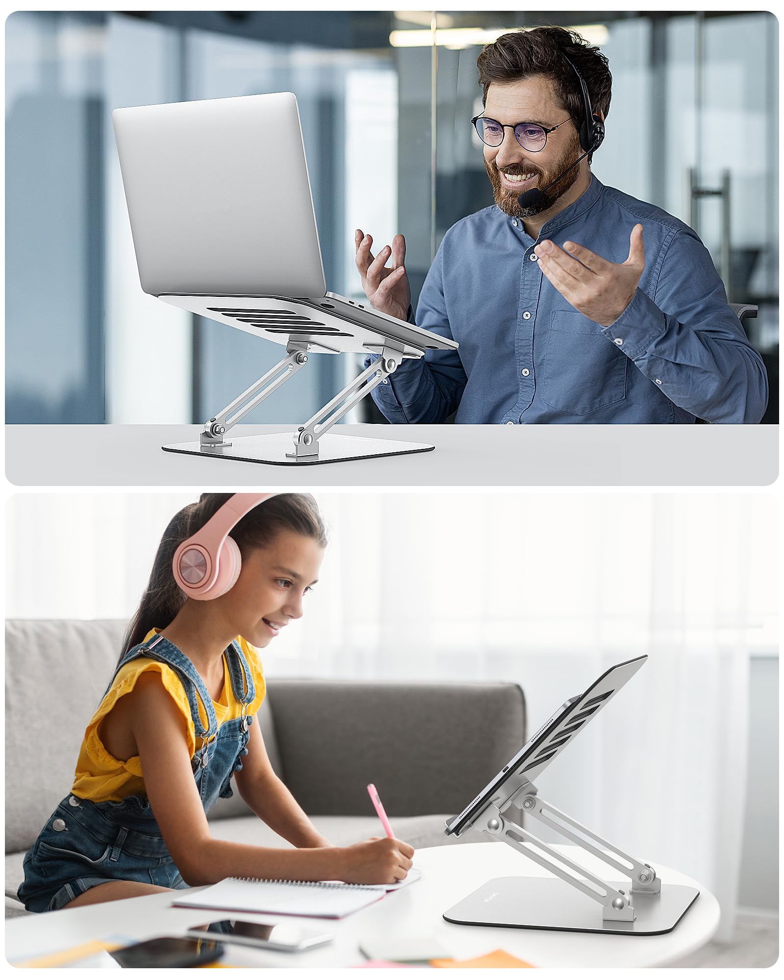 OMOTON Adjustable Laptop Stand for Desk - Ergonomic Metal Computer Riser with Cooling Function, Compatible with MacBook Air/Pro & All 10-17.2 Inch Laptops (Silver) - Perfect for Home Office, Gaming & Workspace Setup