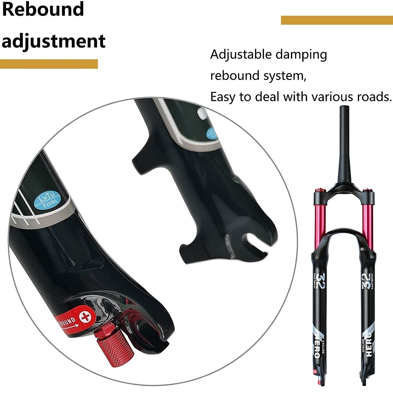 Air Mountain Bike Front Suspension Fork - 26/27.5/29 Inch, 140mm Travel, 9mm QR, Rebound Adjustable, 1-1/8