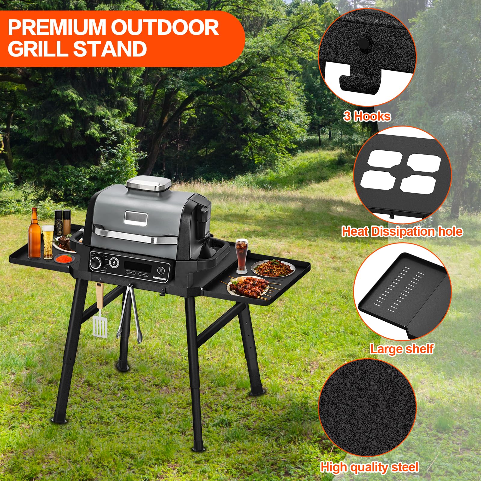 Universal Grill Table Stand for Ninja OG & OO Series, Woodfire & Pizza Oven - Outdoor Cooking Side Table with Utensil Holder | Perfect for Backyard BBQs, Camping & Patio Parties