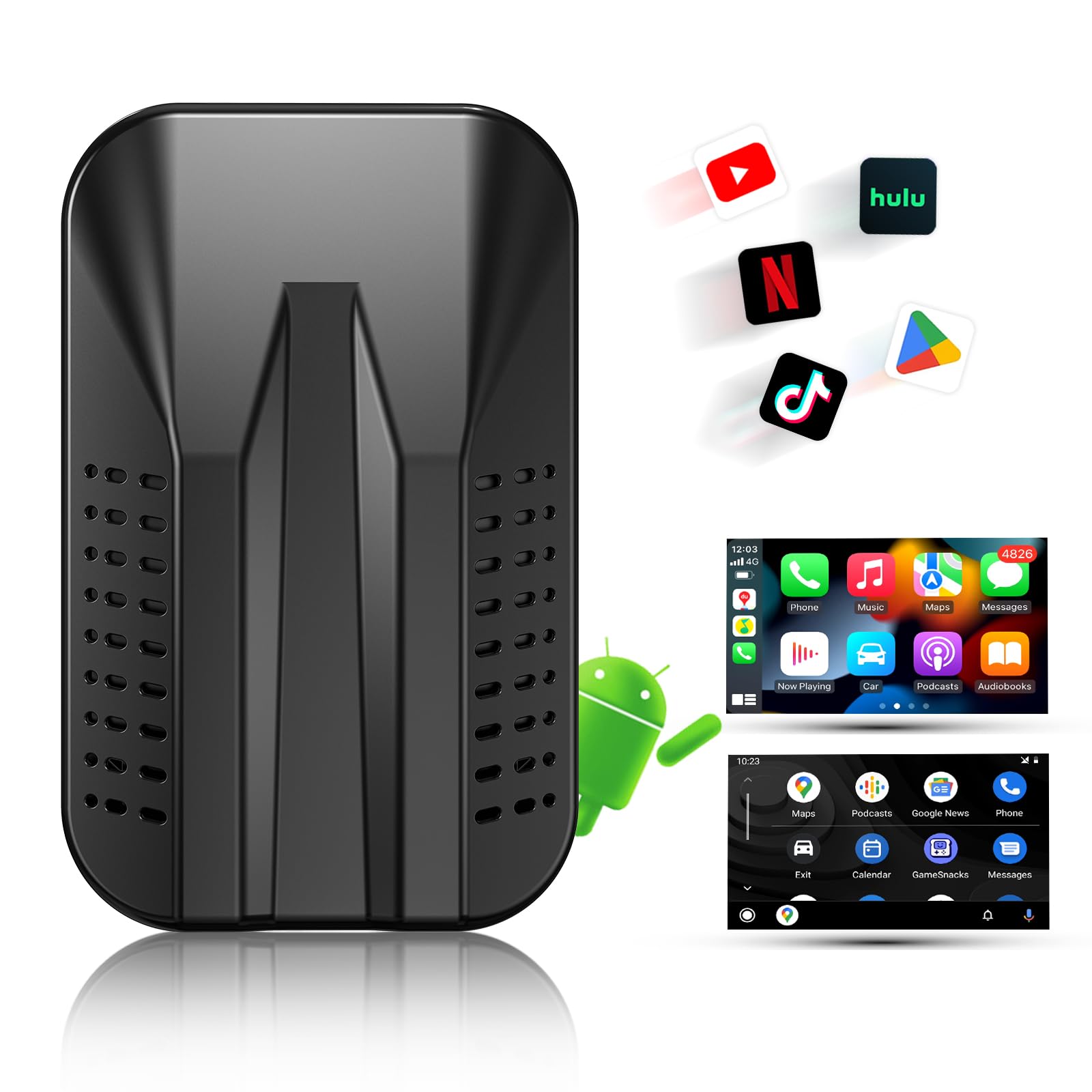 Wireless CarPlay & Android Auto Adapter - 5GHz WiFi Magic Box with Netflix, YouTube, Hulu Support | Online Update & TF Card Slot | Compatible with Factory Wired CarPlay Cars | Perfect for Road Trips & In-Car Entertainment
