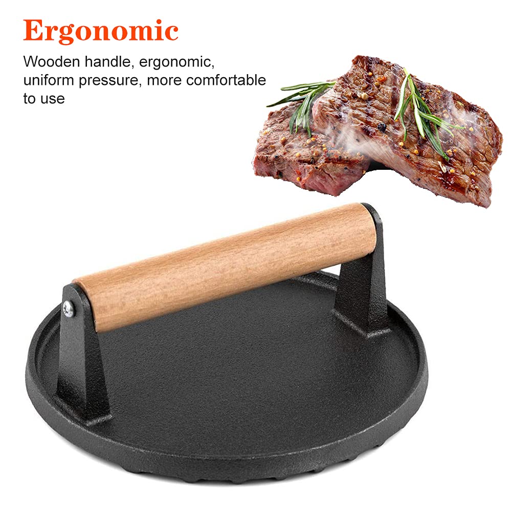 MEETOZ Heavy Duty Cast Iron Grill Press - Multi Functional Meat Press, Sandwich & Bacon Press, Burger Patty Maker for Kitchen - Round Grill Weight for BBQ, Panini, Griddle Cooking & Home Kitchen Use