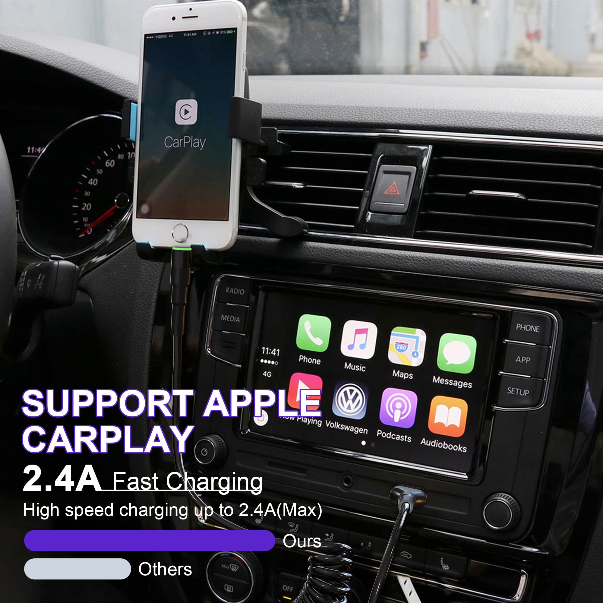 MFi Certified Coiled Lightning Cable - Apple CarPlay Compatible USB to Lightning Cable with Fast Charging & Data Sync, Retractable iPhone Charger Cord for iPhone/iPad/iPod - Perfect for Car, Office & Travel Use