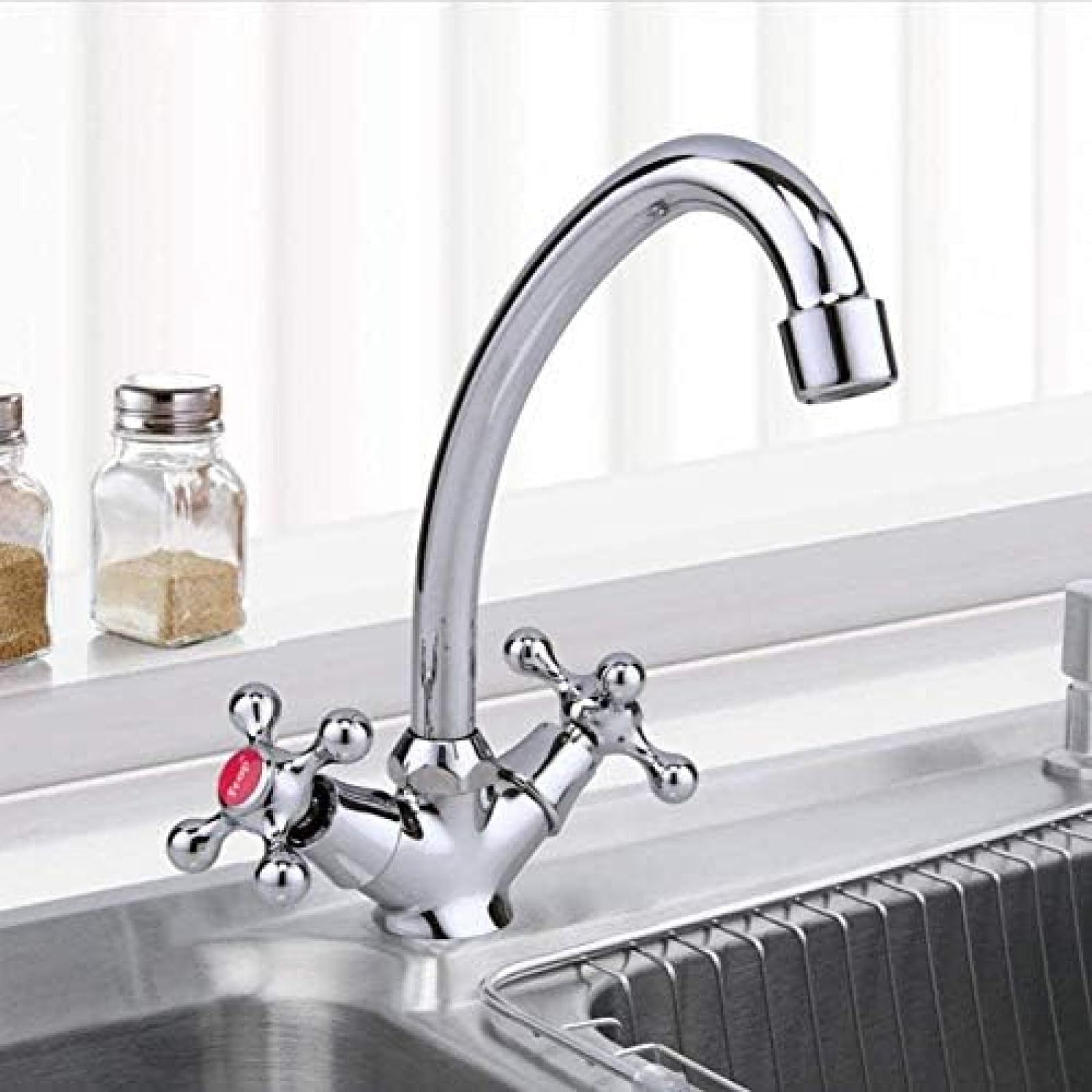 CRJUS Classic Style Kitchen Faucet - Double Handle Hot & Cold Water Mixer Tap with 360° Rotation | Durable Stainless Steel Sink Faucet for Modern Kitchens, Perfect for Washing Dishes & Food Prep