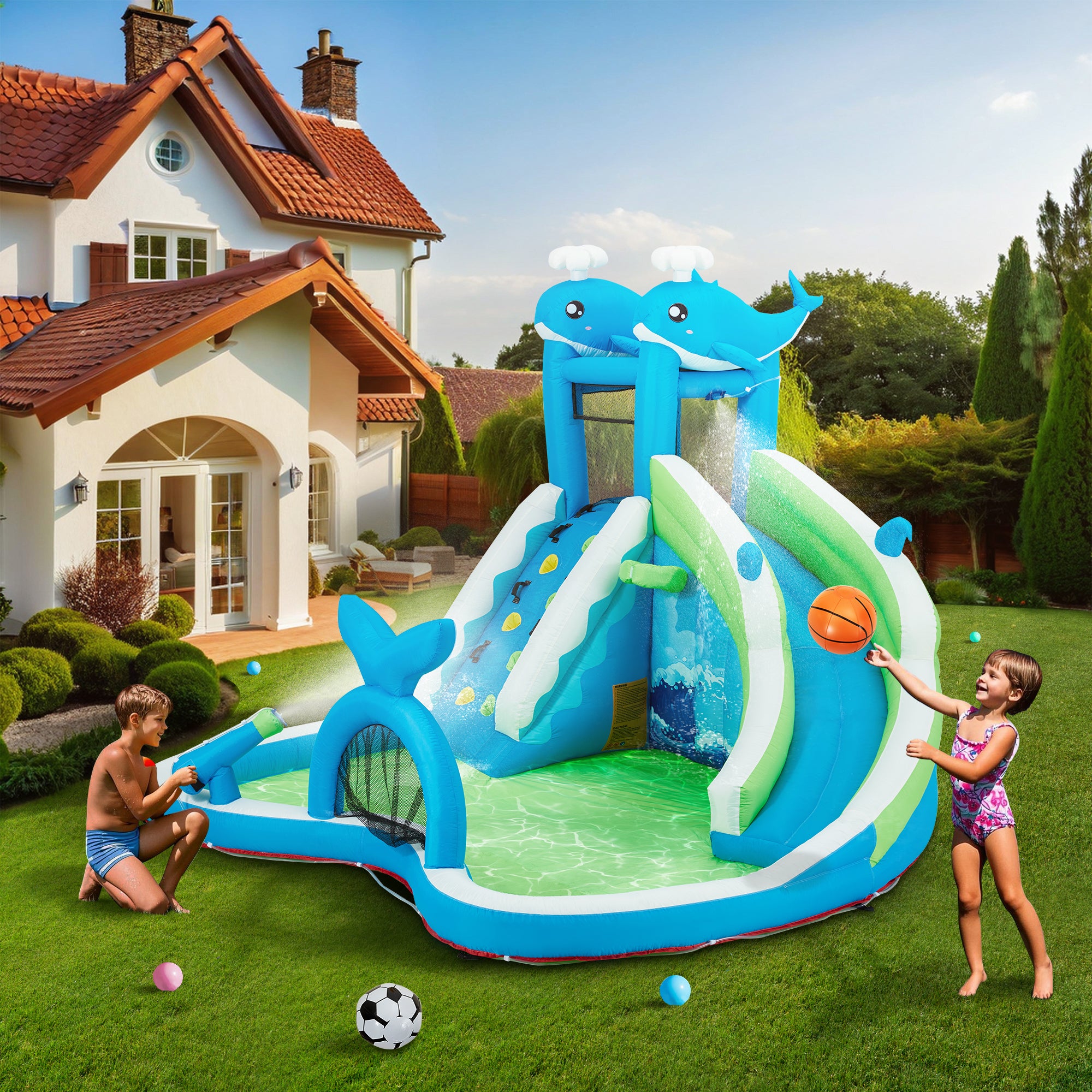 EROMMY Inflatable Bounce House with Water Slide for Kids Ages 3-8 | 480W Blower | Outdoor Backyard Play Equipment for Birthday Parties, Summer Fun & Family Gatherings
