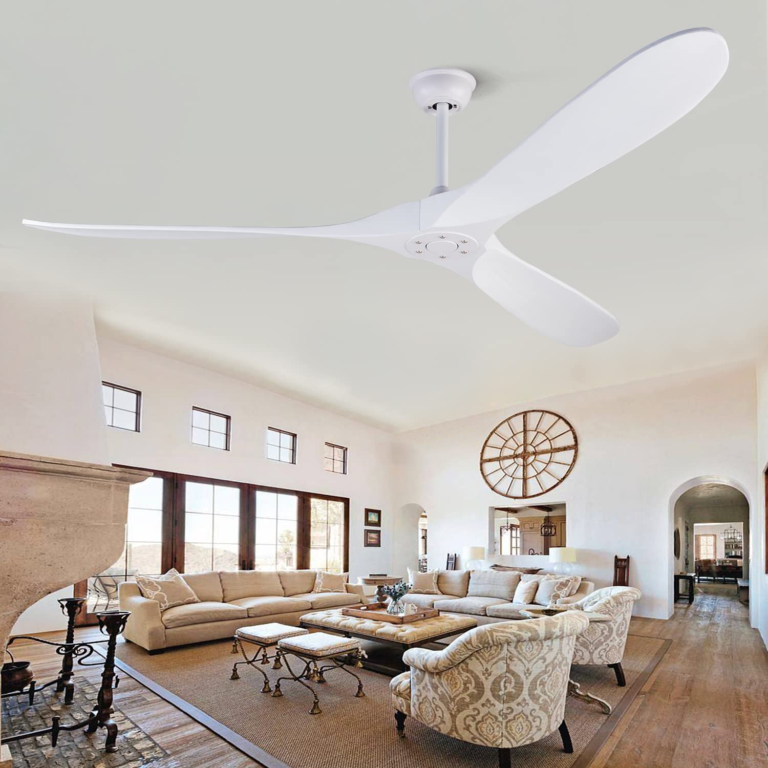 BOJUE 84 Inch Large Ceiling Fan No Lights with Remote Control - 3 Solid Wood Blades, Indoor Outdoor Ceiling Fan for Patio, Porch, Farmhouse, Office, Living Room - White Blades - Perfect for Cooling Large Spaces