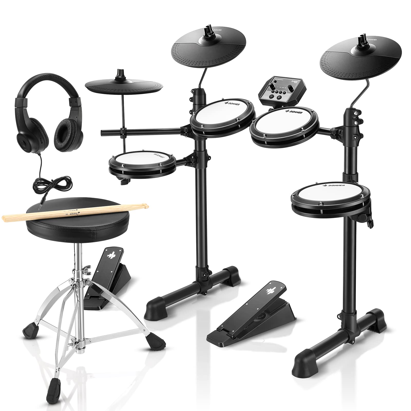 Donner DED-80 Electronic Drum Set - 180 Realistic Sounds, Quiet Mesh Pads, Heavy Duty Pedals & Drum Throne Included - Perfect for Beginners & Home Practice - Portable Electric Drum Kit with Sticks & Headphone (New Upgraded) - Ideal for Bedroom Practice, Music Learning & Small Space Drumming