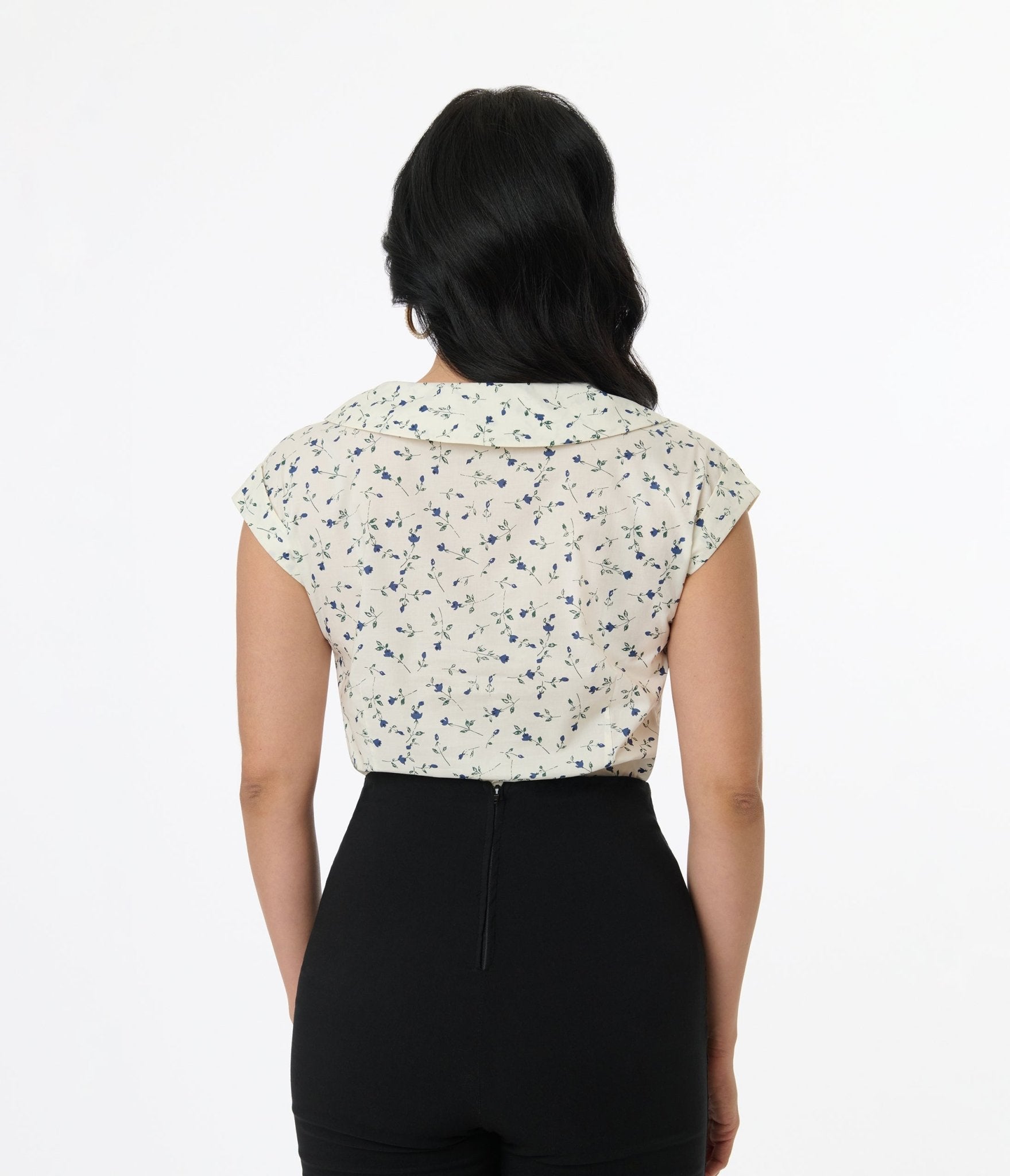 Vintage 1960s White & Blue Floral Cotton Sleeveless Blouse - Retro Summer Top for Women, Casual Wear & Boho Outfits