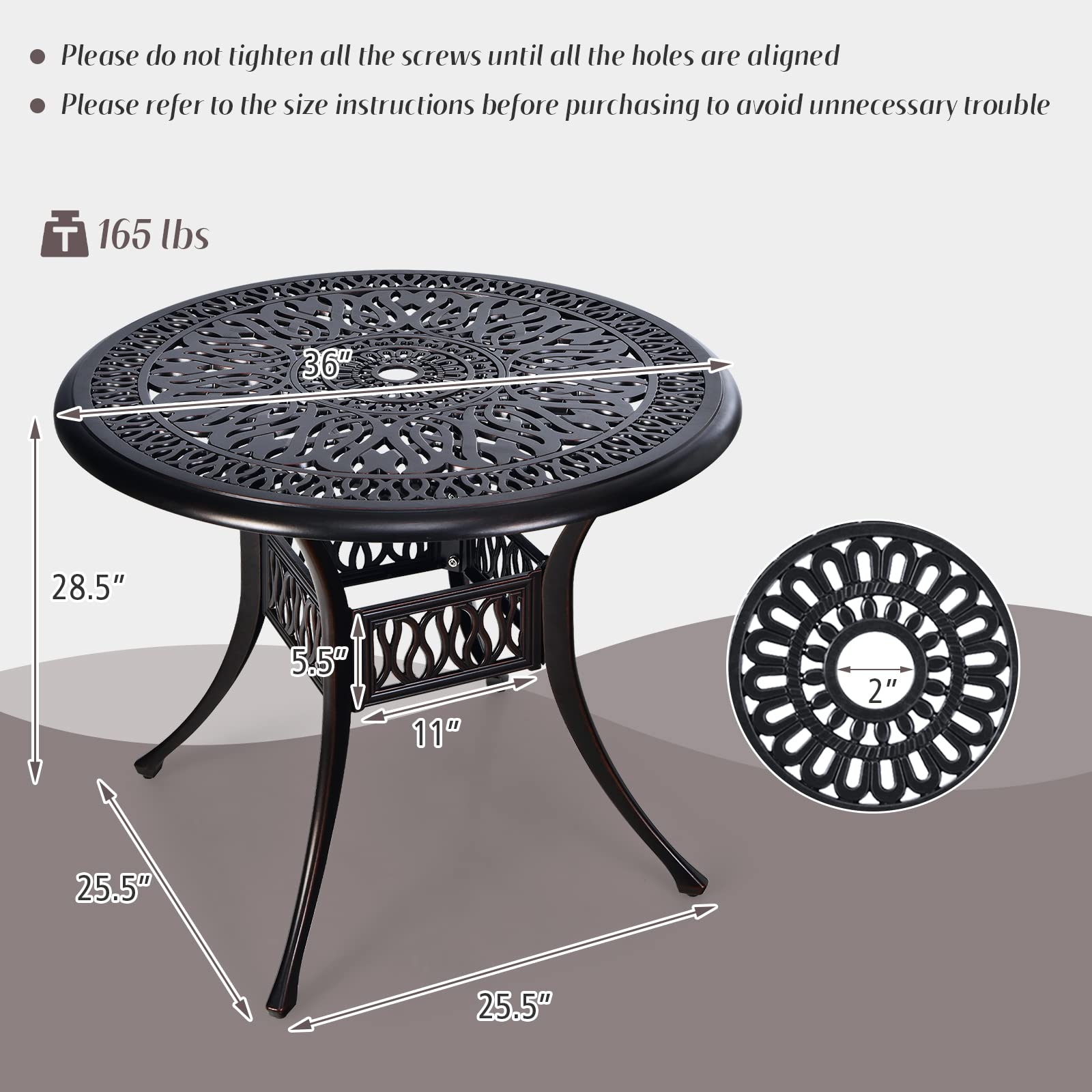Tangkula 36 Inch Round Outdoor Dining Table - Weather-Resistant Cast Aluminum Patio Table with Umbrella Hole for Backyard, Garden, Poolside - Perfect for Outdoor Entertaining & Dining Al Fresco