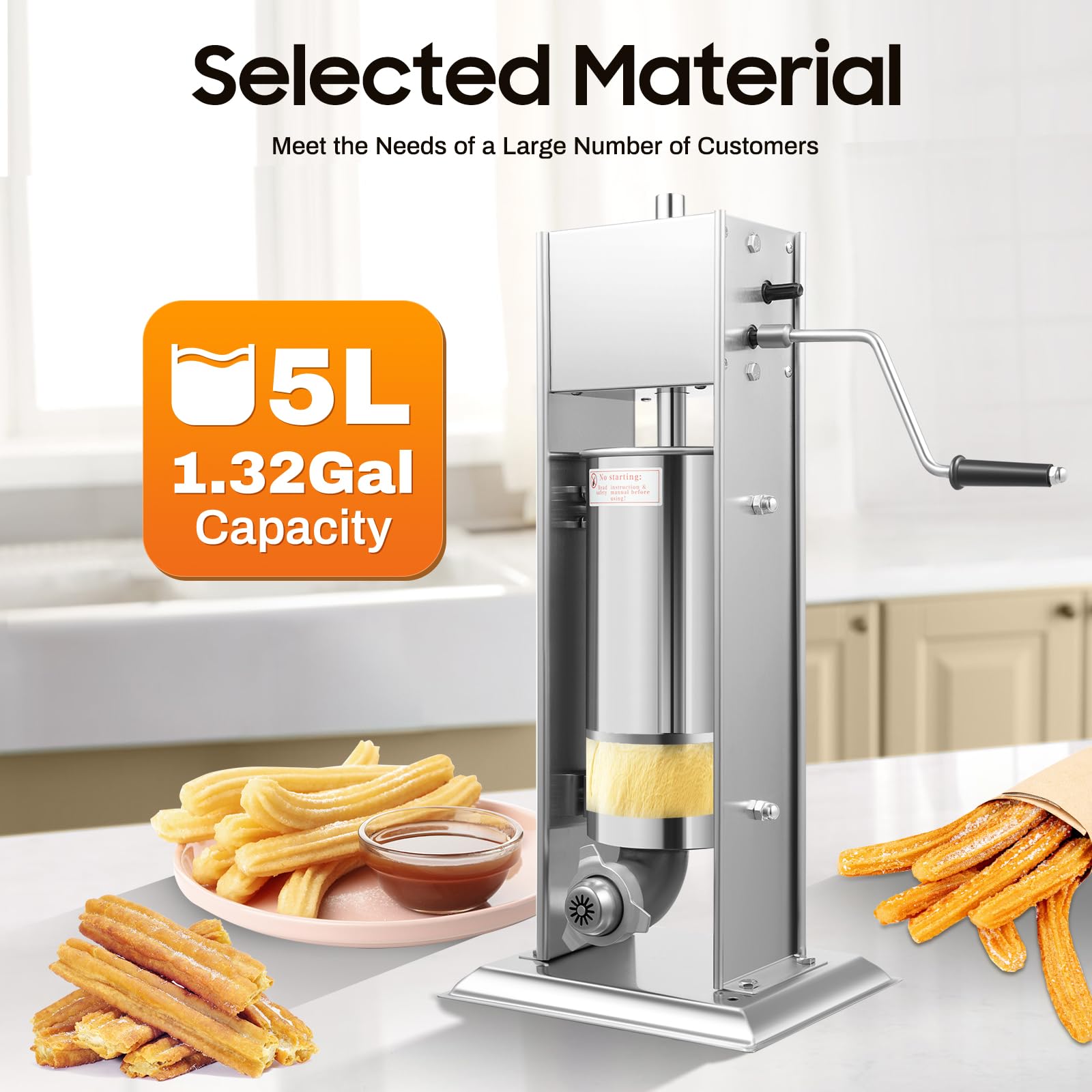 Commercial 5L Stainless Steel Manual Churros Maker Machine with 4 Nozzles - Heavy Duty Latin Fruit Churros Maker for Restaurants, Food Trucks & Home Baking