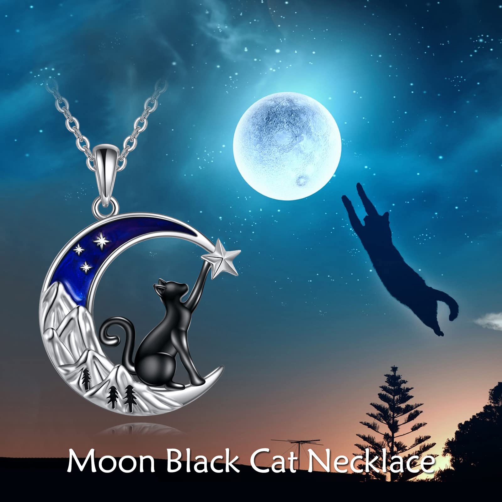 VONALA 925 Sterling Silver Black Cat Necklace with Moon Pendant - Elegant Jewelry Gift for Women & Teen Girls | Birthday, Anniversary, Halloween & Everyday Wear