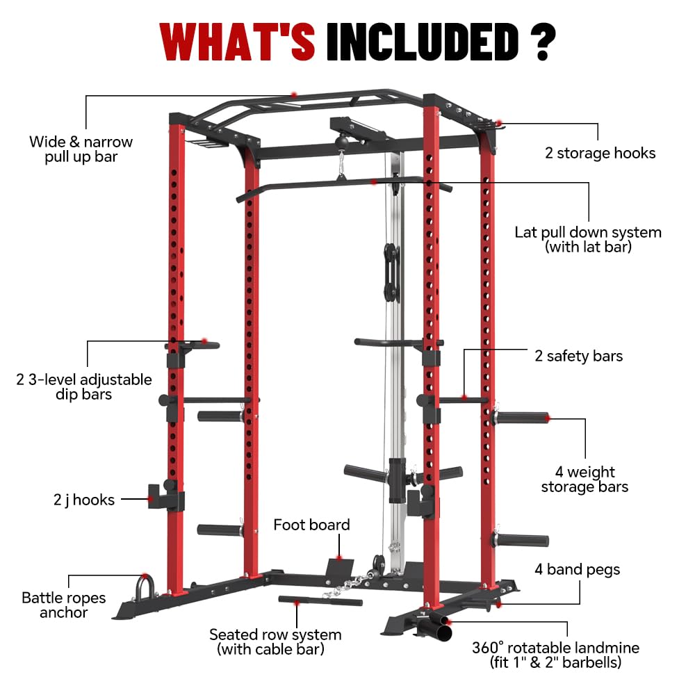 Heavy Duty Power Cage - Multi-Functional Power Rack with LAT Pulldown System & Cable Pulley for Full Body Workout | Squat Rack with Lever Arm, Belt Squat & Weight Plate Storage | Perfect for Home Gym Strength Training & CrossFit Workouts