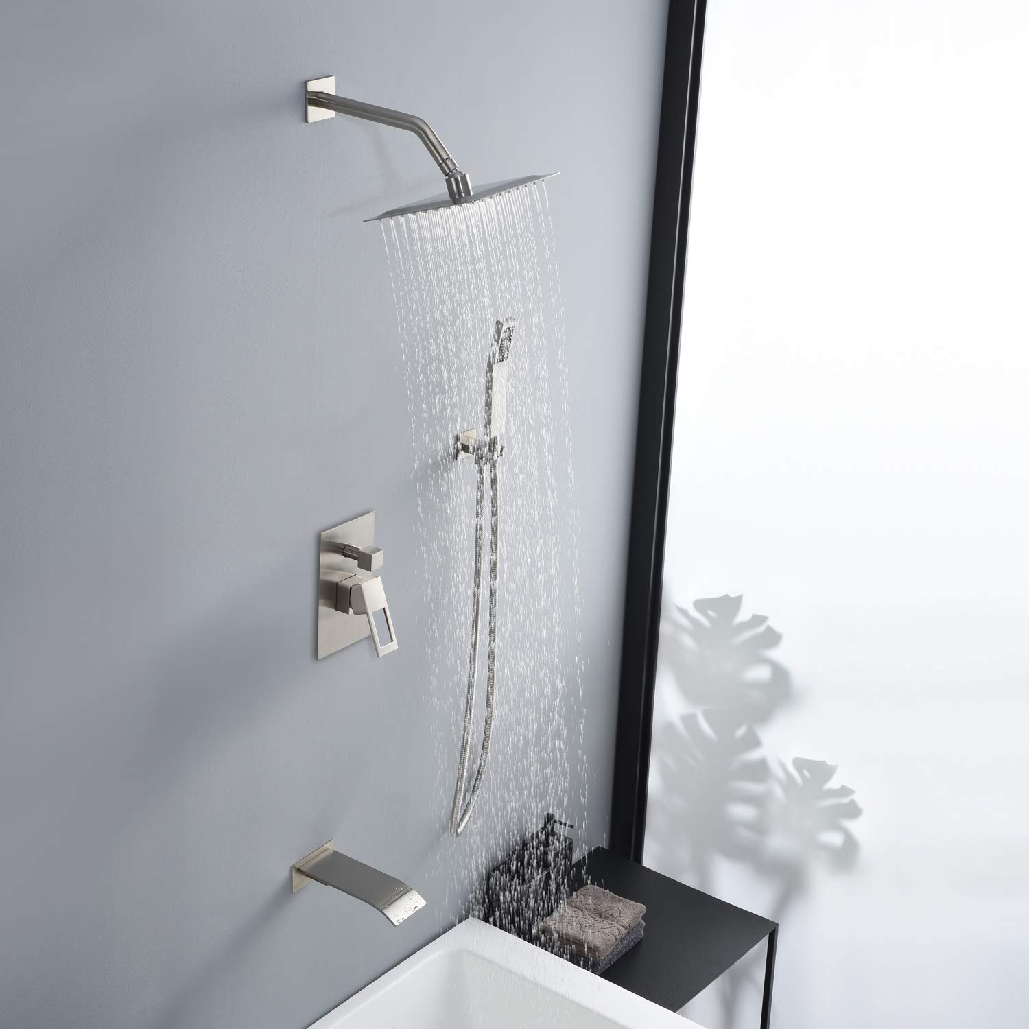 SUMERAIN Brushed Nickel Pressure Balanced Shower System with Waterfall Tub Spout - Modern Bathroom Faucet for Tub and Shower Combo | Perfect for Spa-Like Bathroom Renovation and Luxury Home Upgrade