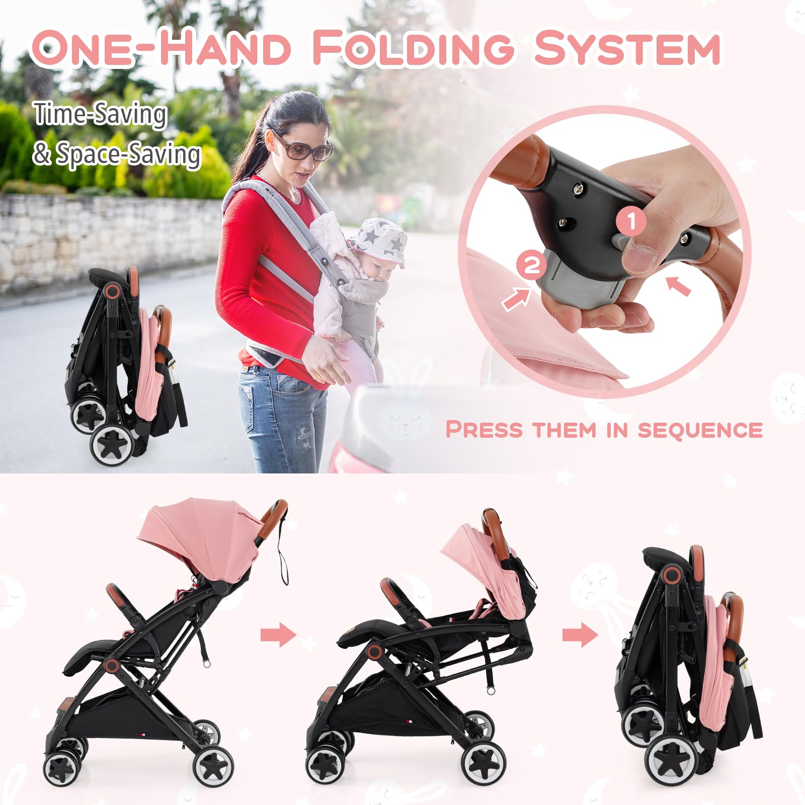 HONEY JOY Lightweight Compact Baby Stroller - One-Hand Fold Travel Stroller for Airplane, Fits Cabin & Overhead Bins, Self-Standing Toddler Stroller with Adjustable Backrest & Canopy (Pink) | Perfect for Air Travel, Shopping, and Daily Walks