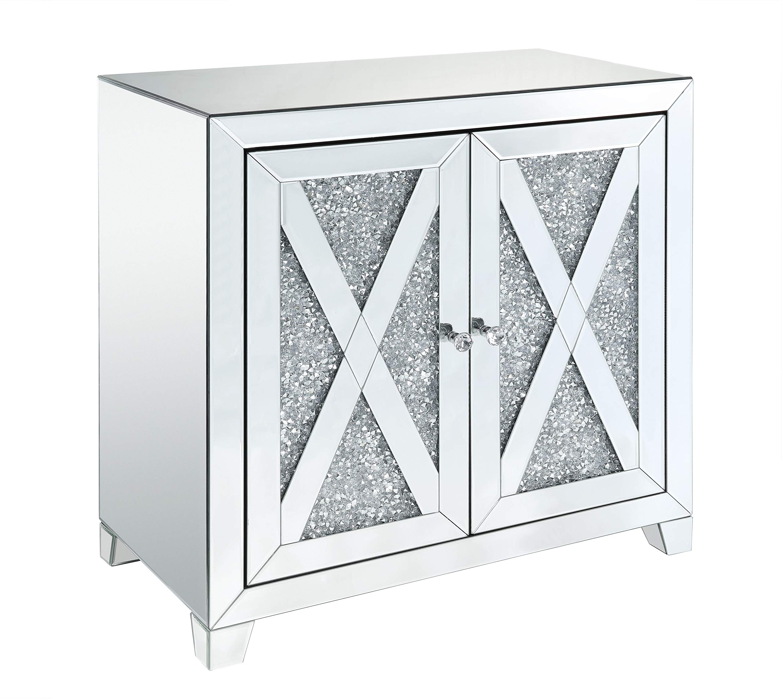 Benjara Silver Storage Cabinet with Mirror Trim & X-Shape Design - Perfect for Bedroom, Bathroom, or Entryway Organization