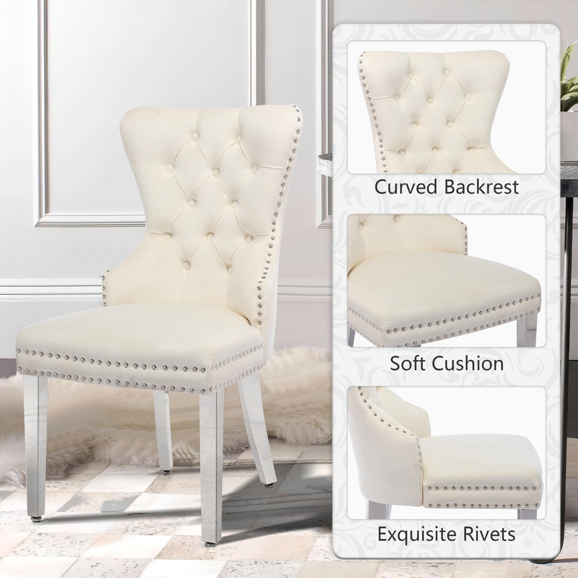 Luxury Velvet Dining Chairs Set of 2 - Tufted Upholstered Dining Room Chairs with Stainless Steel Legs & Ring Pull Design, Beige - Perfect for Modern Dining Rooms, Kitchen Breakfast Nooks & Elegant Home Decor