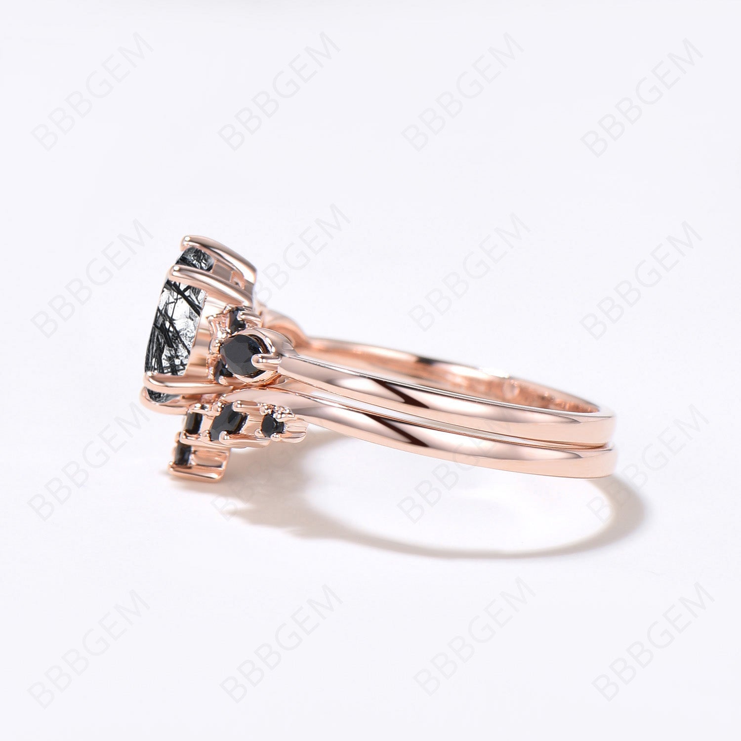 Rose Gold Oval Black Rutilated Quartz Engagement Ring Set - Elegant Wedding Band for Women, Unique Gemstone Jewelry Gift for Her - Perfect for Proposals, Anniversaries & Special Occasions