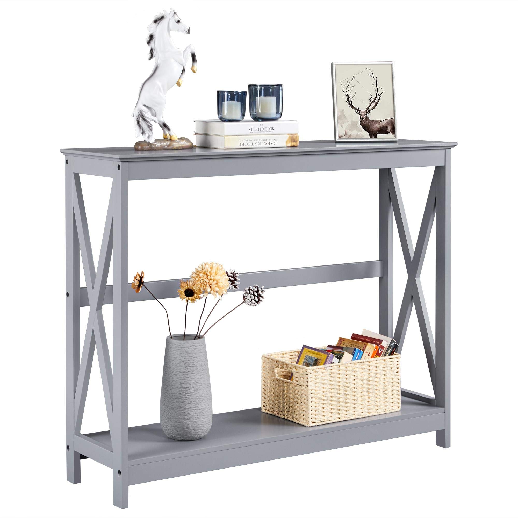 Yaheetech 2-Tier Narrow Console Table with Storage Shelf - Entryway Sofa Table, Bookshelf & Accent Table for Living Room, Hallway & Foyer - Space-Saving Grey Furniture for Small Apartments & Home Decor