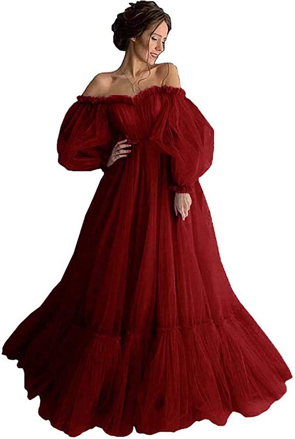 Elegant Off Shoulder Long Ruffle Sweetheart Tulle Ball Gown with Puffy Sleeves - Women's Prom Dress for Formal Events, Weddings & Special Occasions