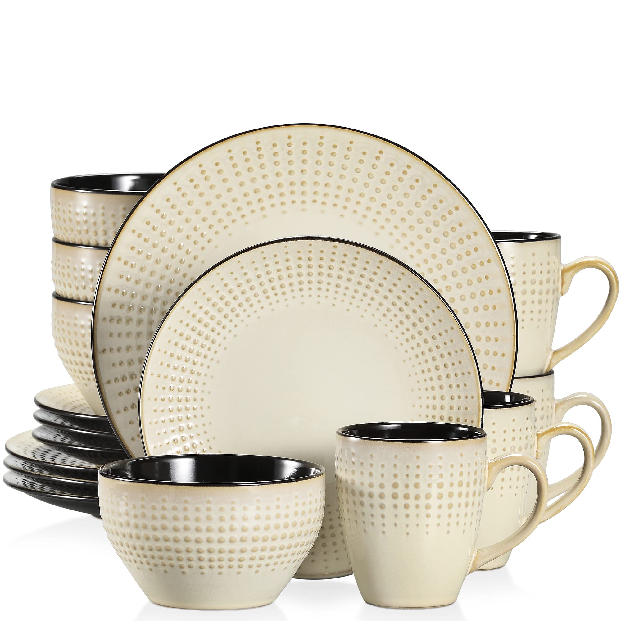 Vancasso GUTO Embossed Stoneware Dinner Set - 16-Piece Vintage Beige Dinnerware for 4, Includes Dinner Plates, Dessert Plates, Bowls & Mugs - Perfect for Family Meals, Dinner Parties & Restaurant-Style Dining