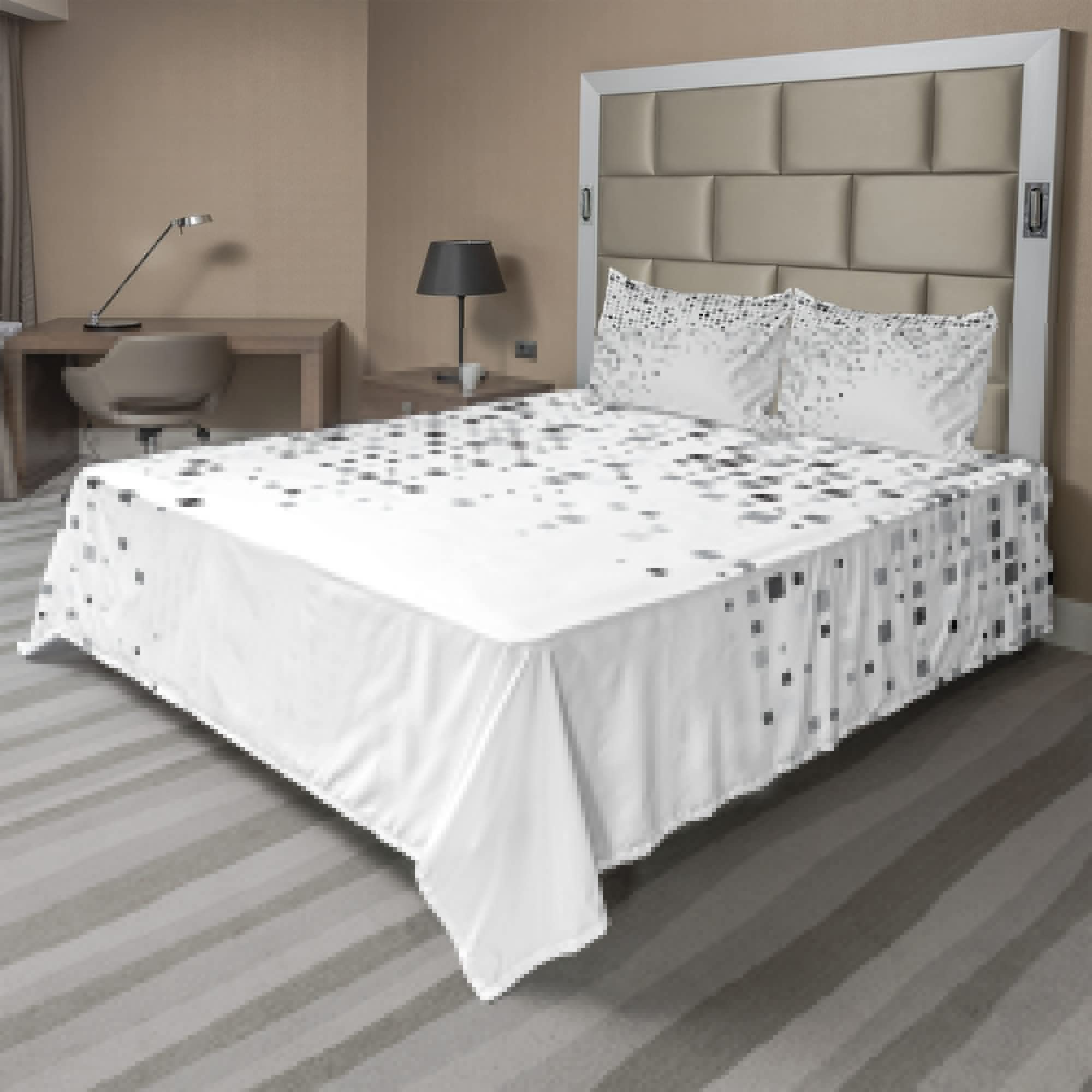 Ambesonne Grey Geometric Pattern 4-Piece Sheet Set - Fitted & Flat Sheets with Pillowcases, Modern Rectangle Digital Print Bedding in Ash White - Perfect for Guest Rooms, Dorms & Contemporary Bedrooms