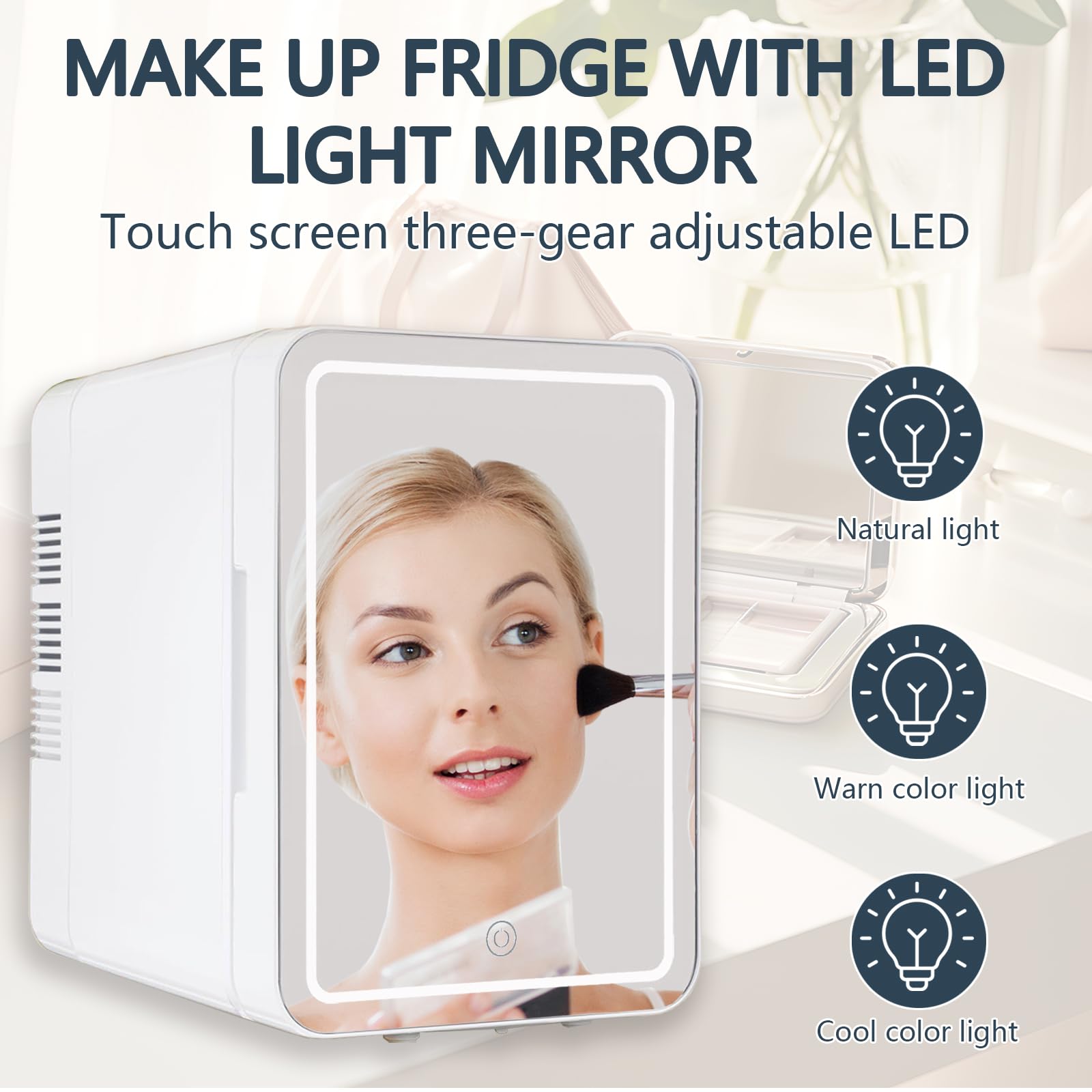 Mini Skincare Fridge with Dimmable LED Mirror - 4L/6 Can Portable Cooler & Warmer for Makeup, Cosmetics, Food & Drinks - Perfect for Bedroom, Office, Car & Dorm - Compact White Refrigerator for Beauty Storage & Snack Preservation